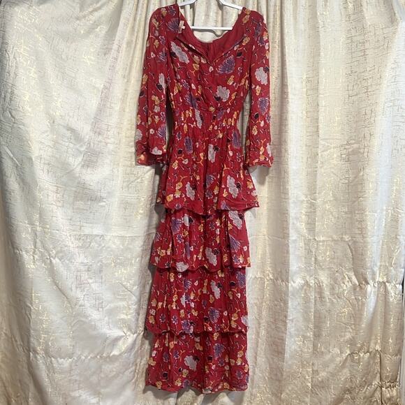 byTiMo Semi Couture Layered Ruffles Feminine Maxi Floral Red Womens‎ Size Medium - Picture 2 of 9